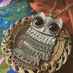 Silver Owl Necklace with Onyx Black Eyes